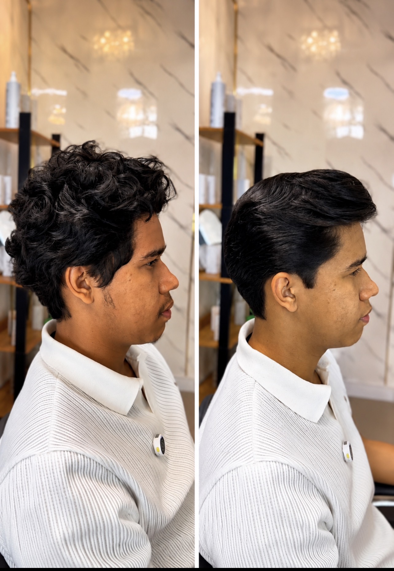 Antes e depois: cliente real antes e após a desondulação masculina natural